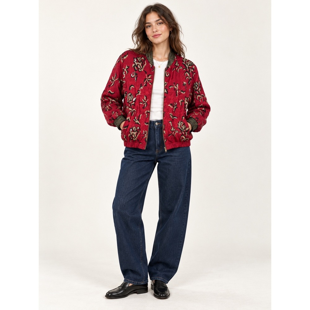 Zara Red Floral Jacquard Sequin Embroidered Bomber Jacket Gold Trim Size M